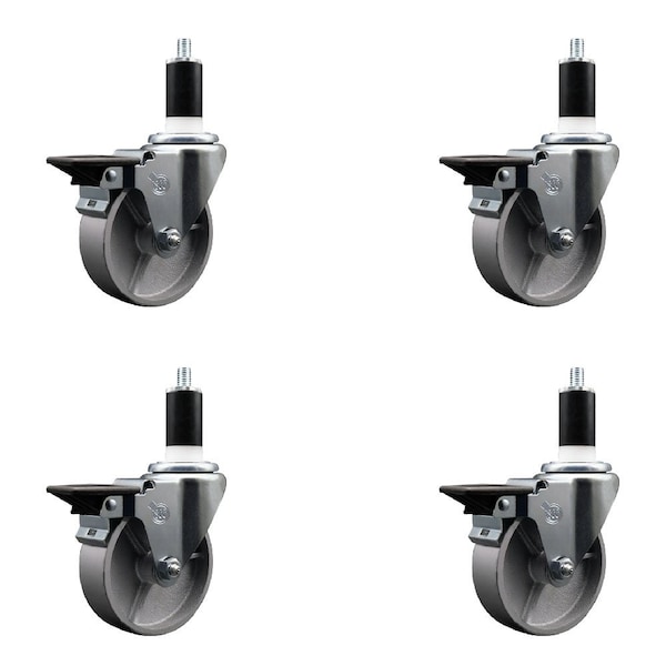 4'' Semi Steel Swivel 1-3/8'' Expanding Stem Caster Set with Brake, 4PK